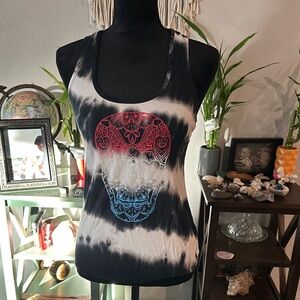 No Boundaries Black and White Tie-Dye Skull Tank Top